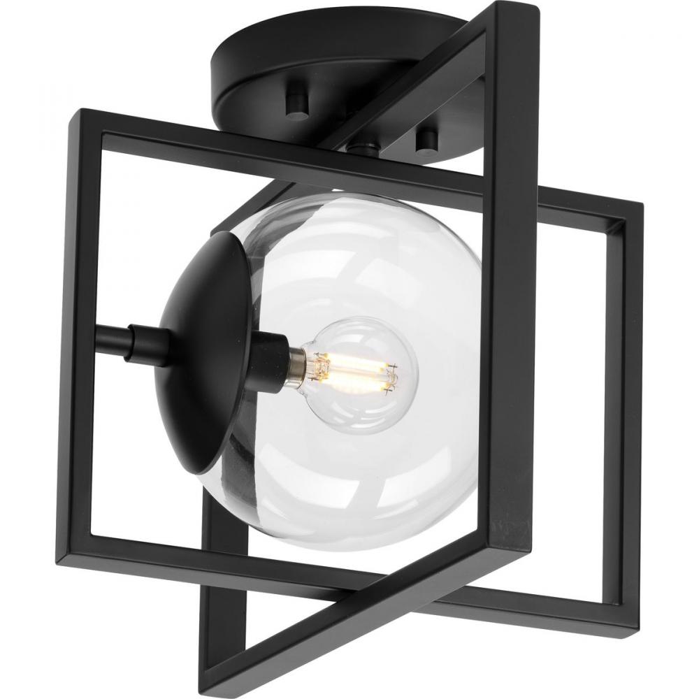 Atwell Collection 10" One-Light Mid-Century Modern Matte Black Clear Glass Semi-Flush Mount Ligh