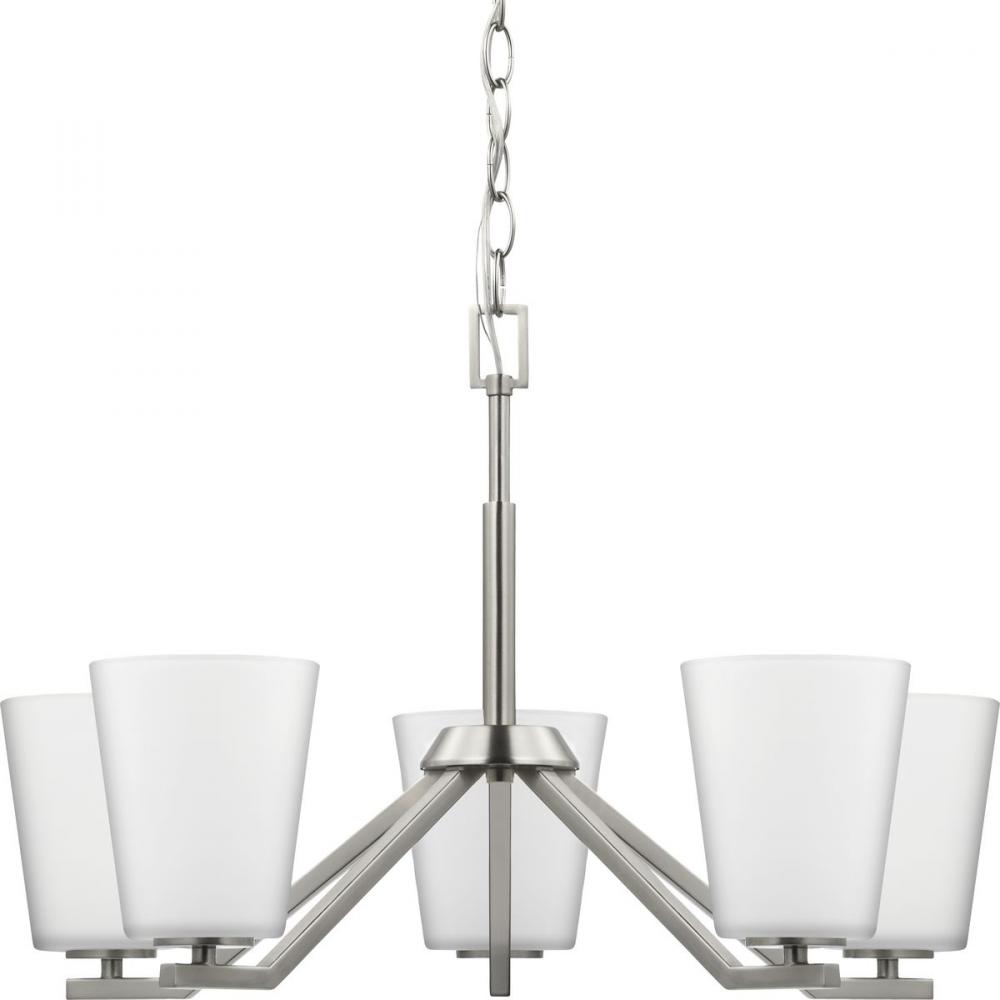 Vertex Collection Five-Light Brushed Nickel Etched White Contemporary Chandelier
