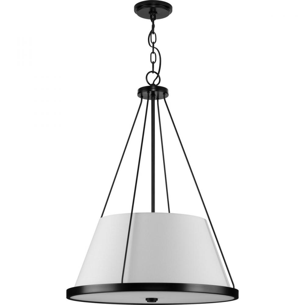 Saffert Collection Three-Light New Traditional Matte Black White Linen Glass Pendant Light