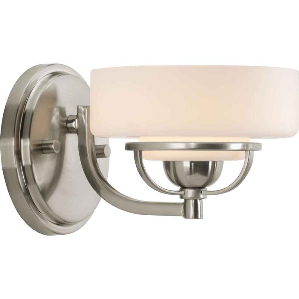 One Light Brushed Nickel Opal Etched Glass Bathroom Sconce