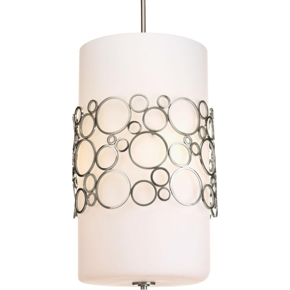 Three Light Brushed Nickel Opal Etched Glass Drum Shade Pendant