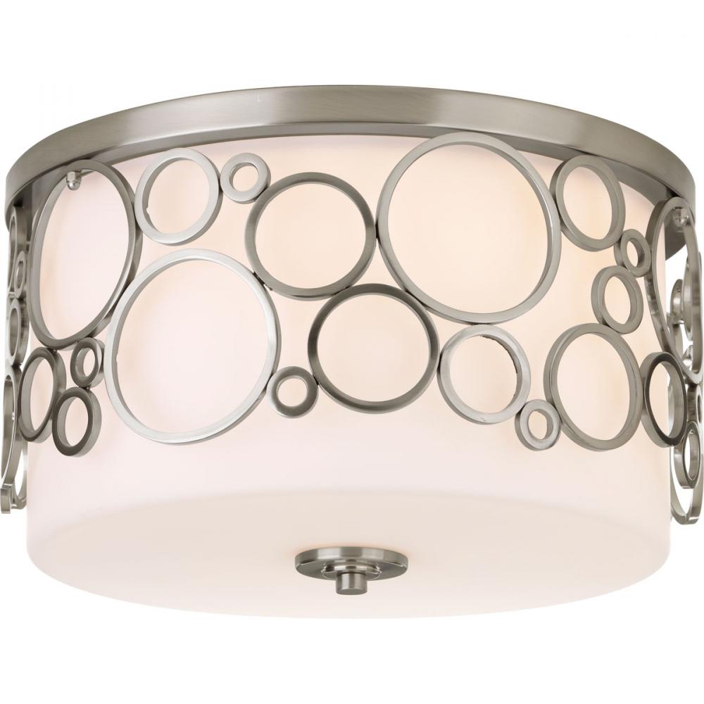 Three Light Brushed Nickel Opal Etched Glass Drum Shade Flush Mount