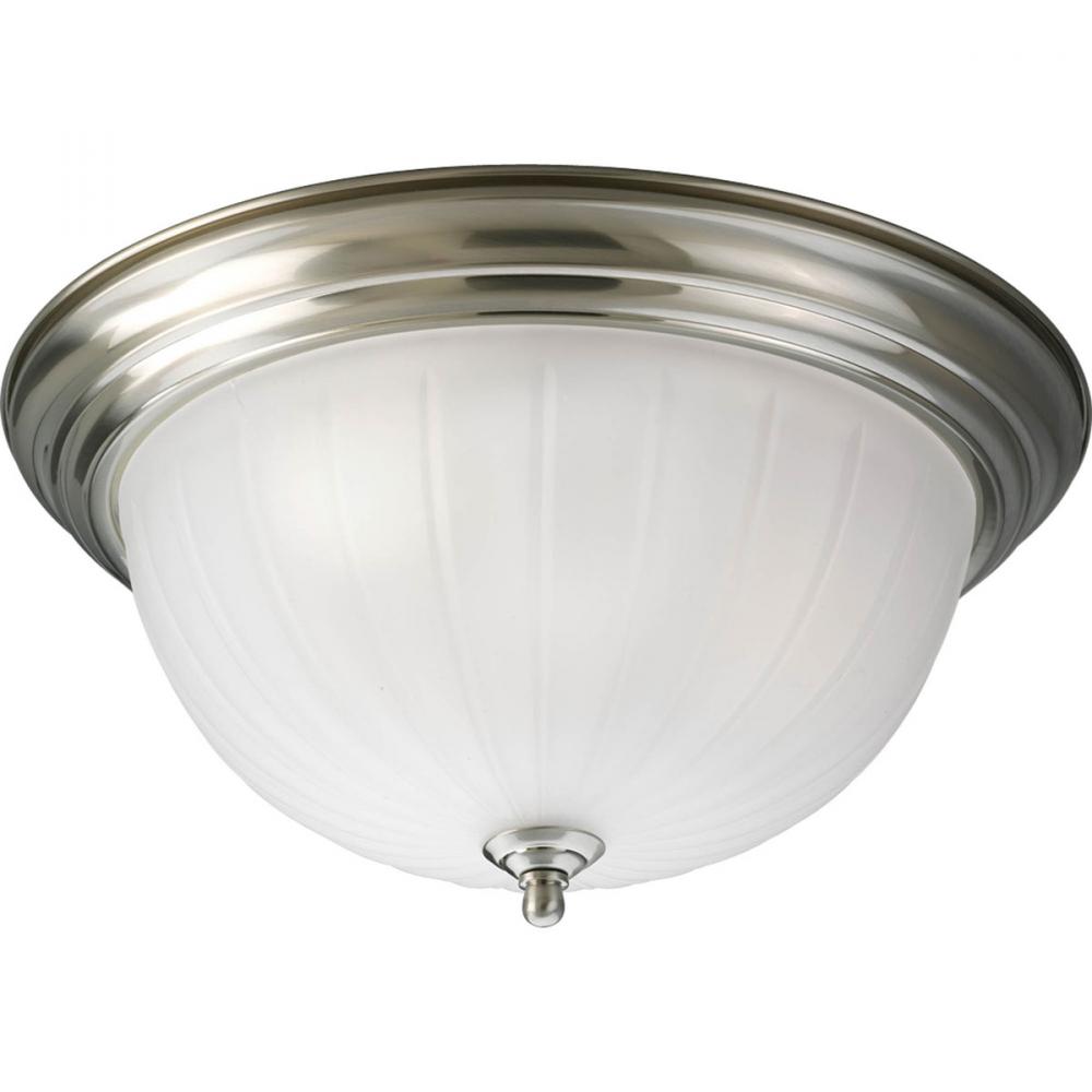 Three Light Brushed Nickel Etched Ribbed Glass Bowl Flush Mount