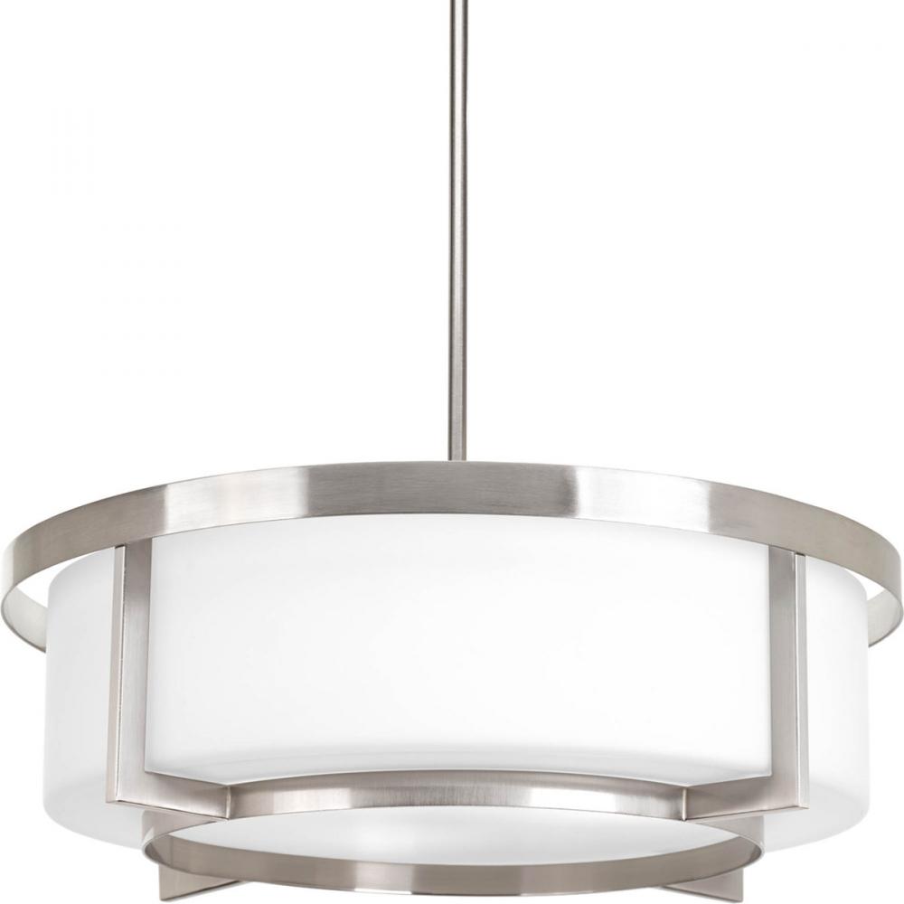 Four Light Brushed Nickel Etched White Glass Drum Shade Pendant