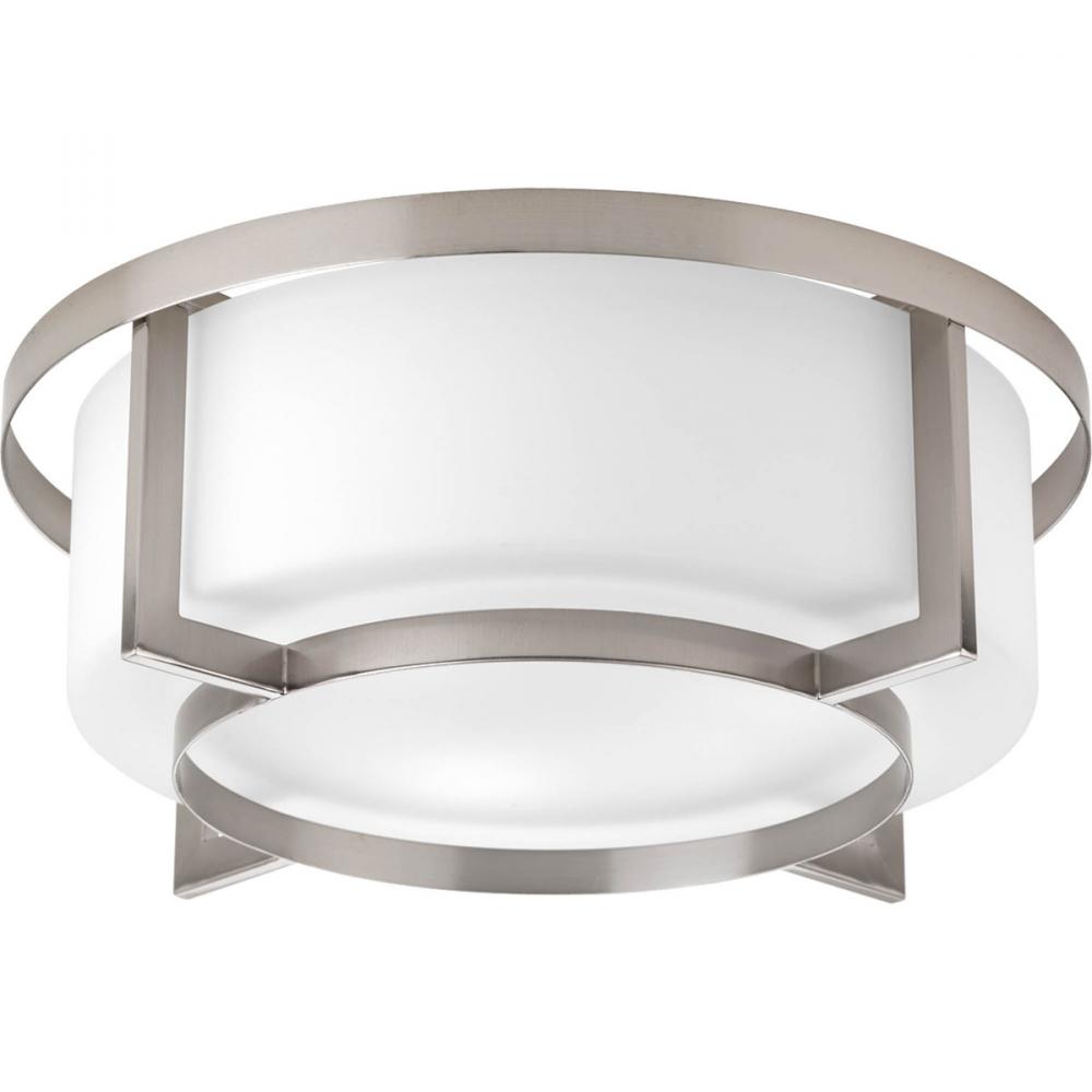 Four Light Brushed Nickel Etched White Glass Drum Shade Flush Mount