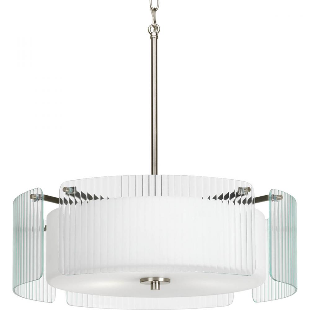 Three Light Brushed Nickel Clear Ribbed Glass Drum Shade Pendant