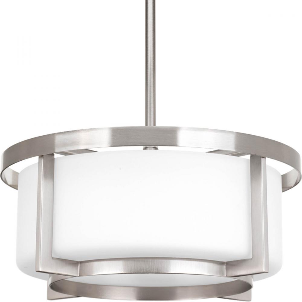 Two Light Brushed Nickel Etched White Glass Drum Shade Pendant