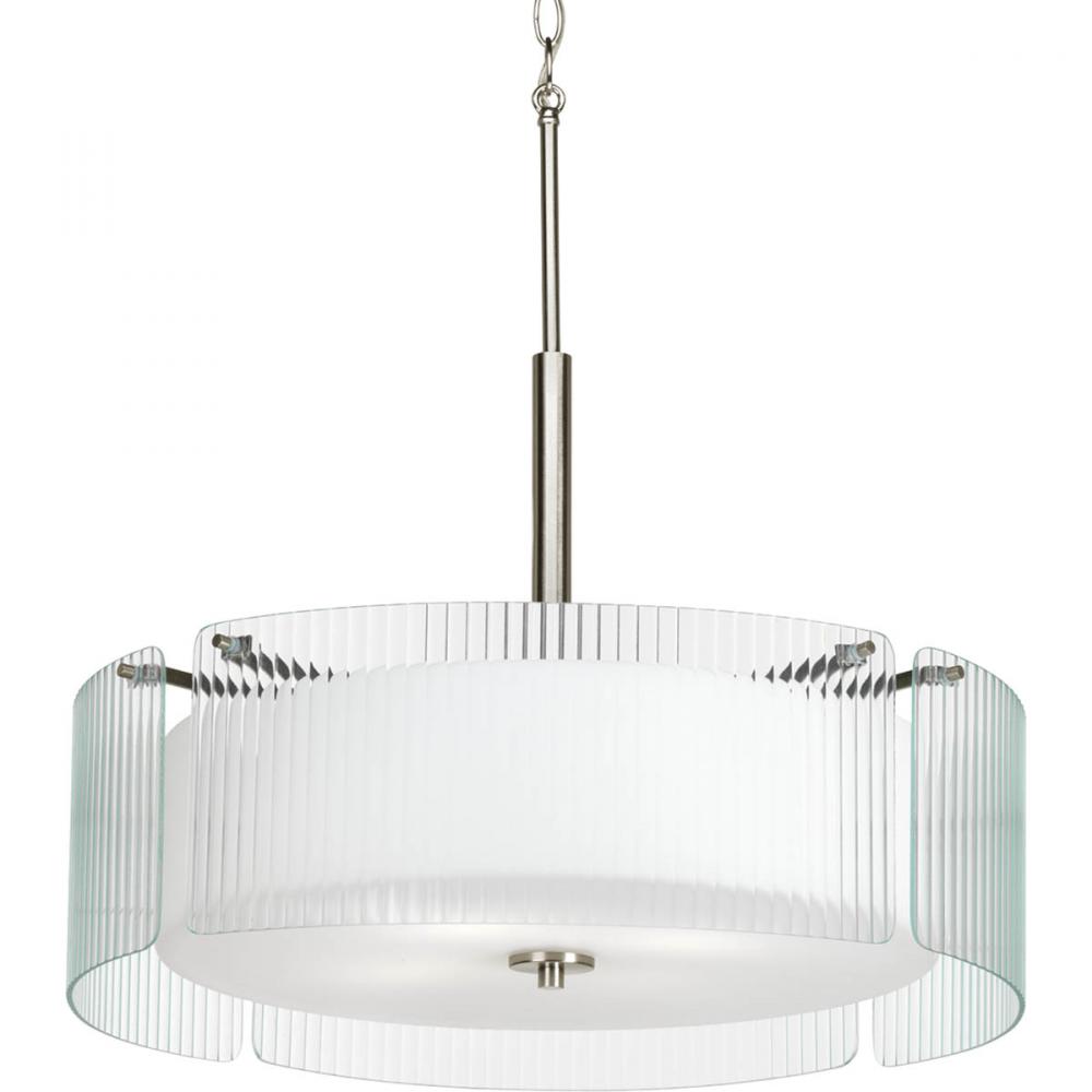 Four Light Brushed Nickel Clear Ribbed Glass Drum Shade Pendant