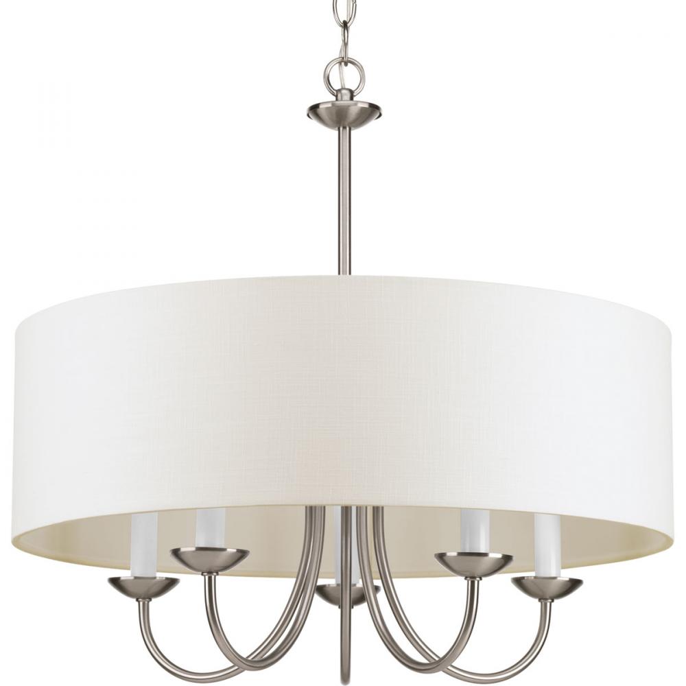 Drum Shade Collection Five-Light Brushed Nickel White Textured Linen Shade Farmhouse Chandelier Ligh