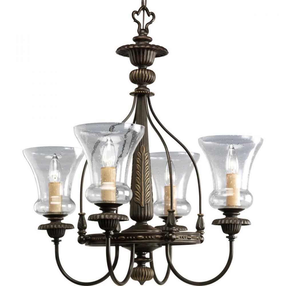 Four Light Forged Bronze Clear Seeded Glass Up Chandelier