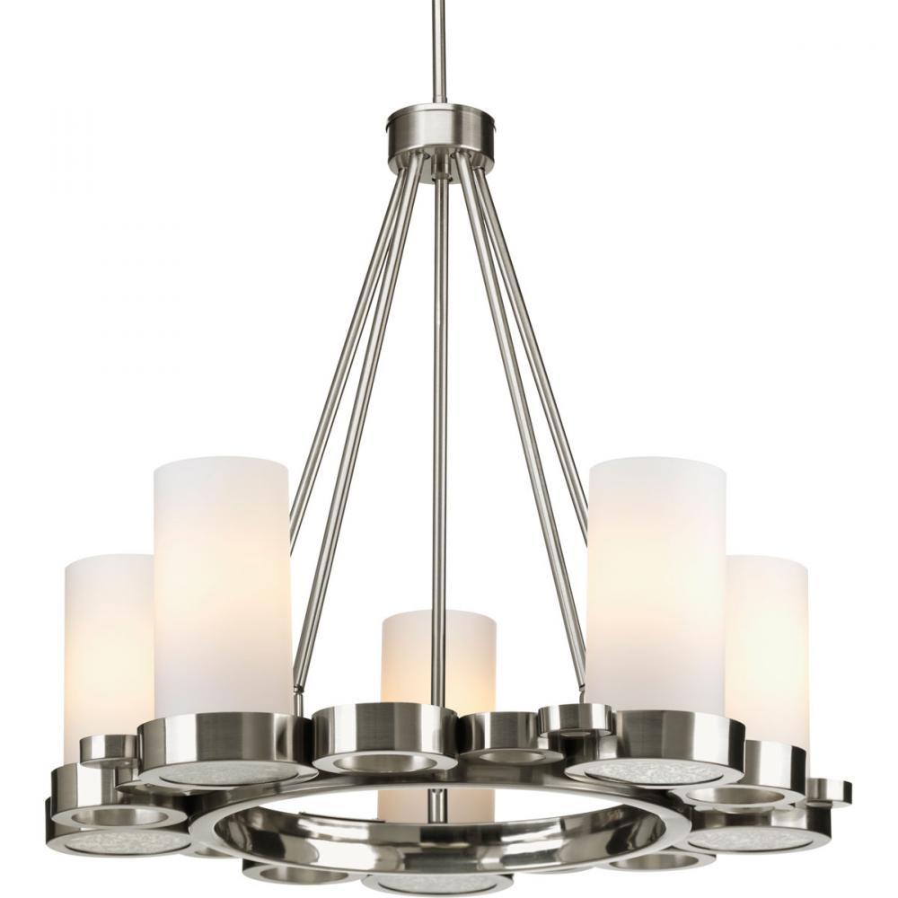Five Light Brushed Nickel Opal Etched Glass Candle Chandelier