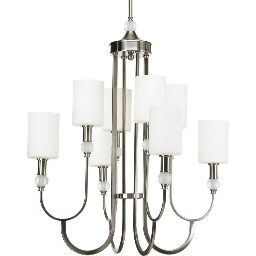 Eight Light Brushed Nickel Opal Etched Glass Up Chandelier