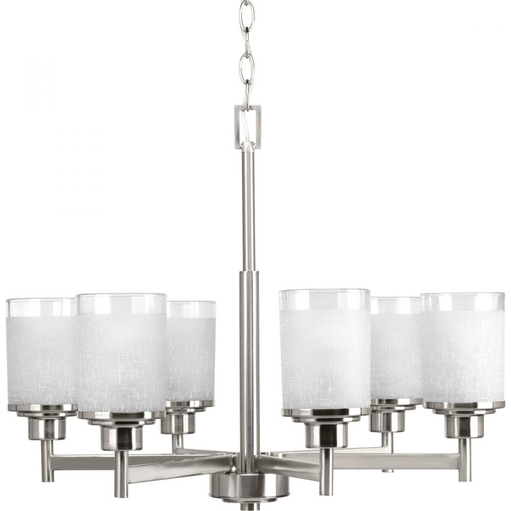 Alexa Collection Six-Light Brushed Nickel Etched Linen With Clear Edge Glass Modern Chandelier Light