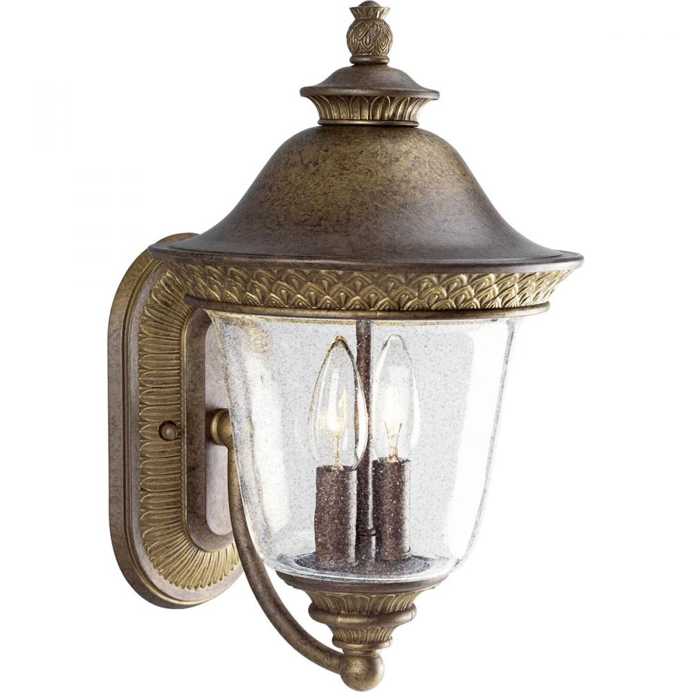 Two Light Burnished Chestnut Clear Seeded Glass Wall Lantern