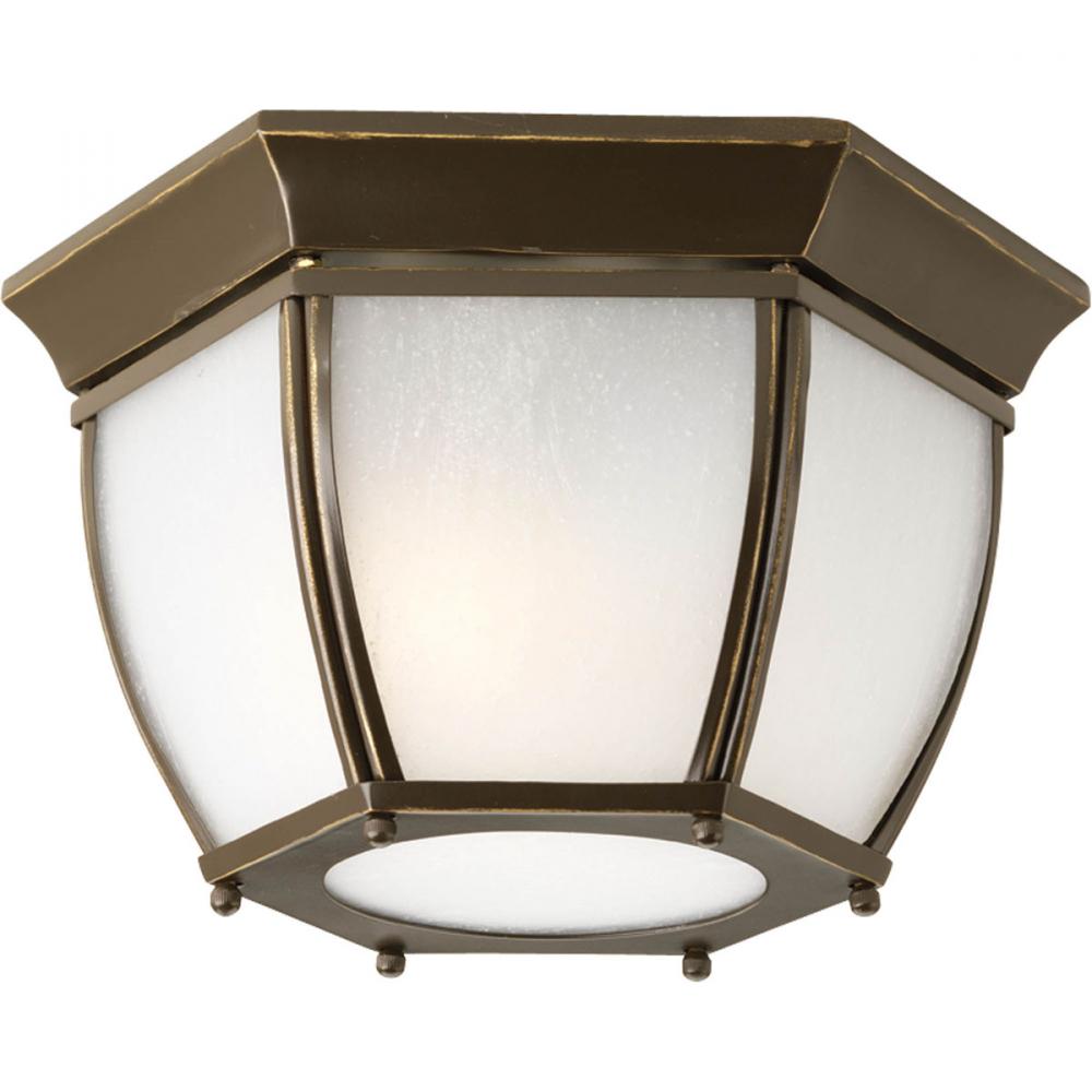 Two Light Antique Bronze Etched Seeded Glass Outdoor Flush Mount