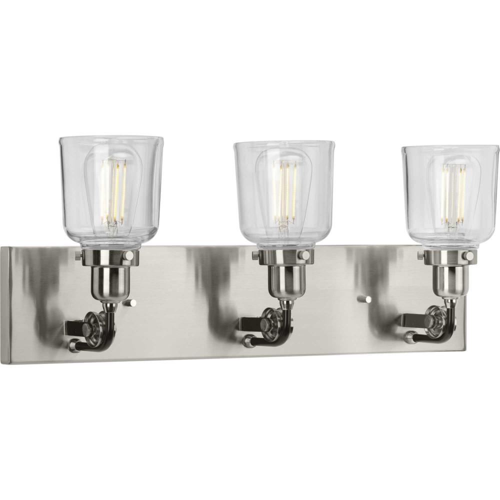 Rushton Collection Three-Light Brushed Nickel Clear Glass Farmhouse Bath Vanity Light