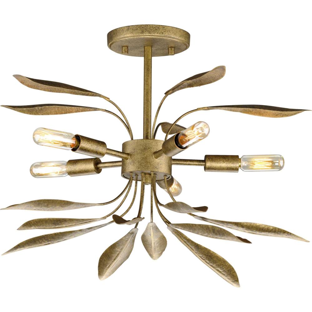 Mariposa Collection Five-Light Antique Gold Convertible Semi-Flush Ceiling or Hanging Pendant Light