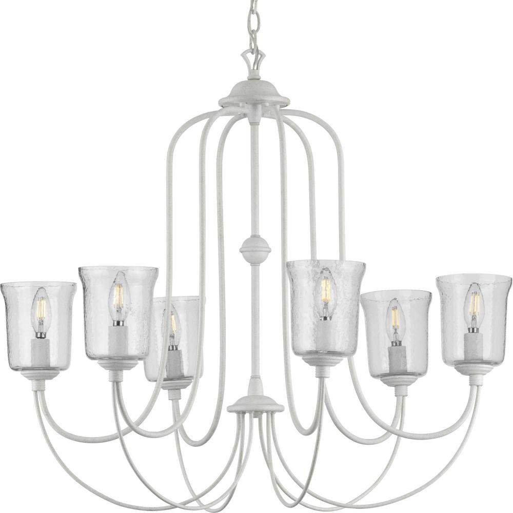 Bowman Collection Six-Light Cottage White Clear Chiseled Glass Coastal Chandelier Light