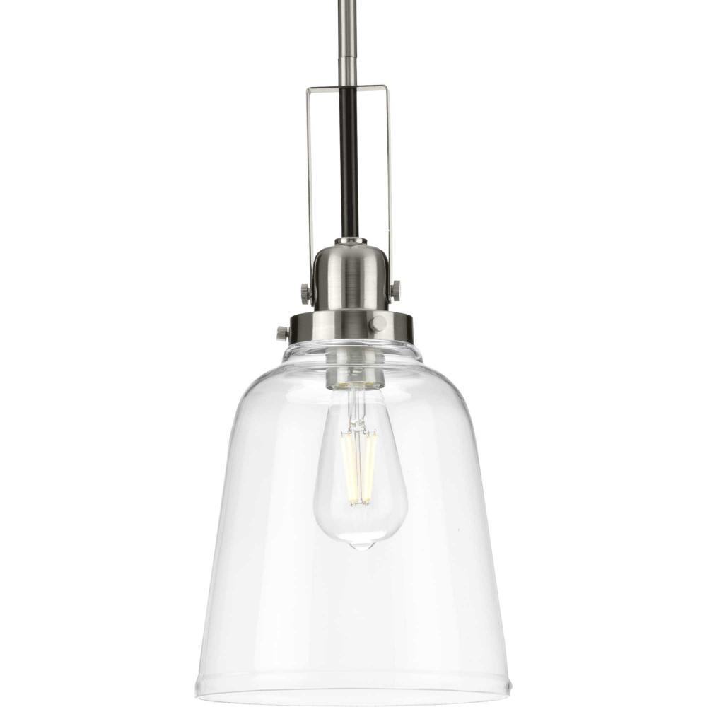 Rushton Collection One-Light Brushed Nickel/Black and Clear Glass Industrial Style Hanging Pendant L