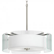 Progress P3980-09 - Three Light Brushed Nickel Clear Ribbed Glass Drum Shade Pendant