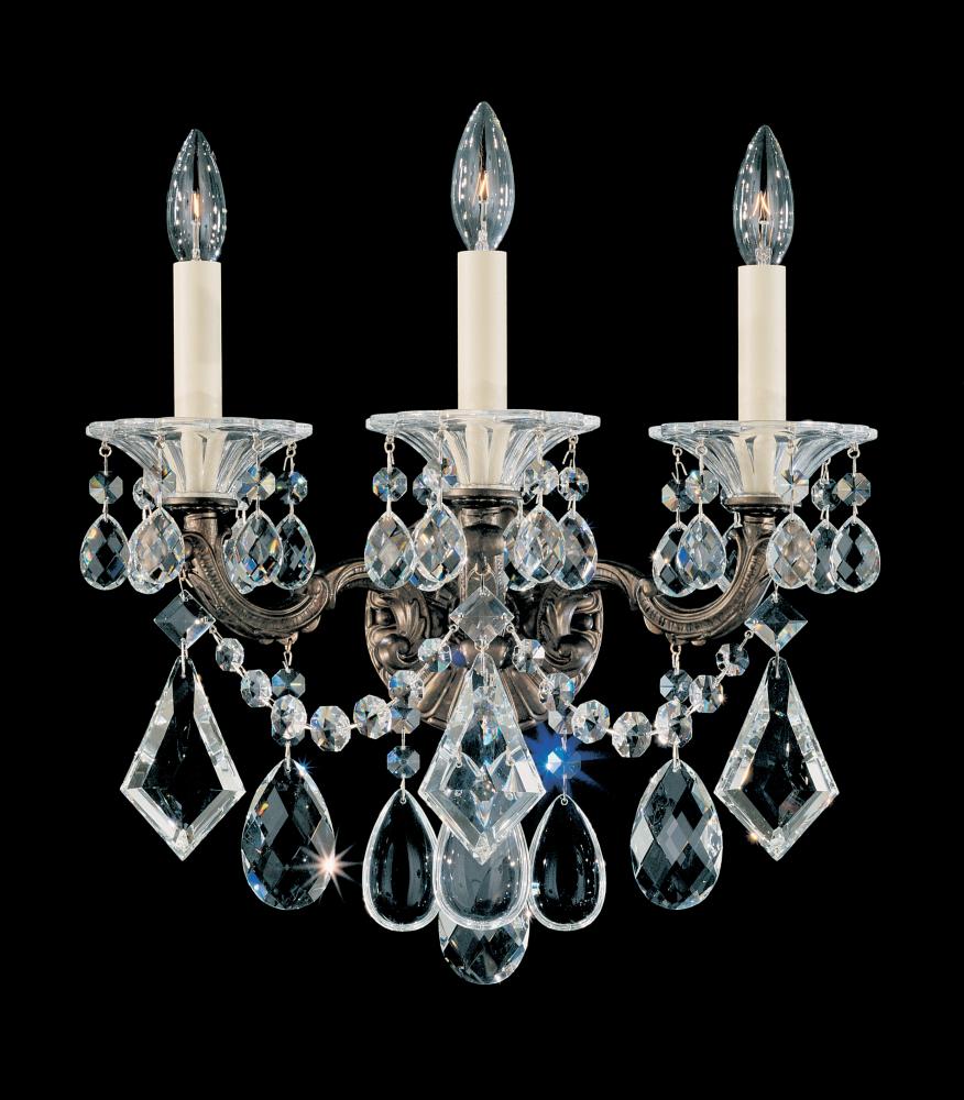 La Scala 3 Light 120V Wall Sconce in Antique Silver with Clear Heritage Handcut Crystal