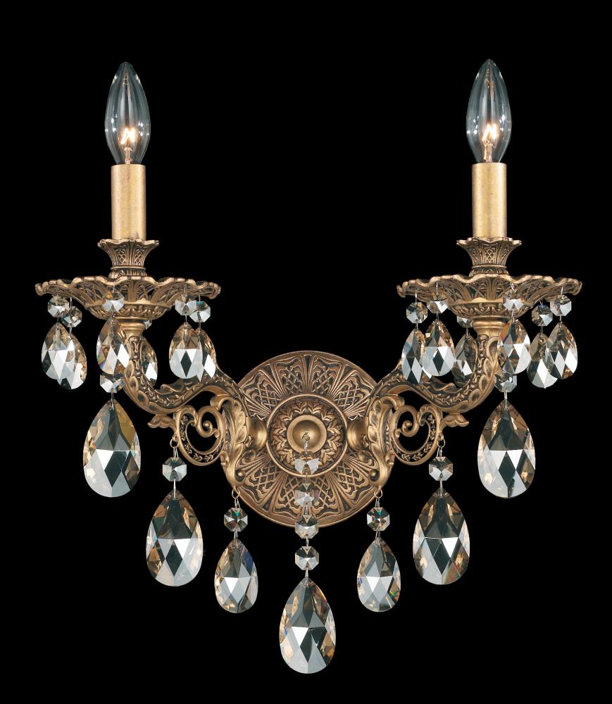 Milano 2 Light 120V Wall Sconce in Etruscan Gold with Clear Heritage Handcut Crystal