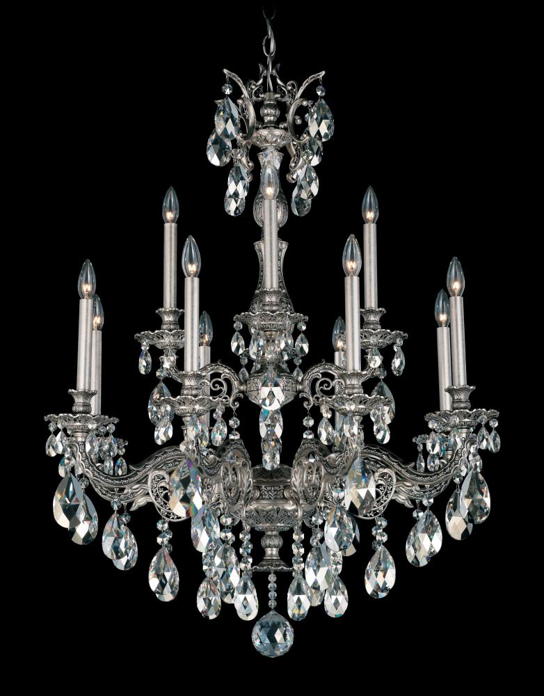 Milano 12 Light 120V Chandelier in Antique Silver with Clear Heritage Handcut Crystal