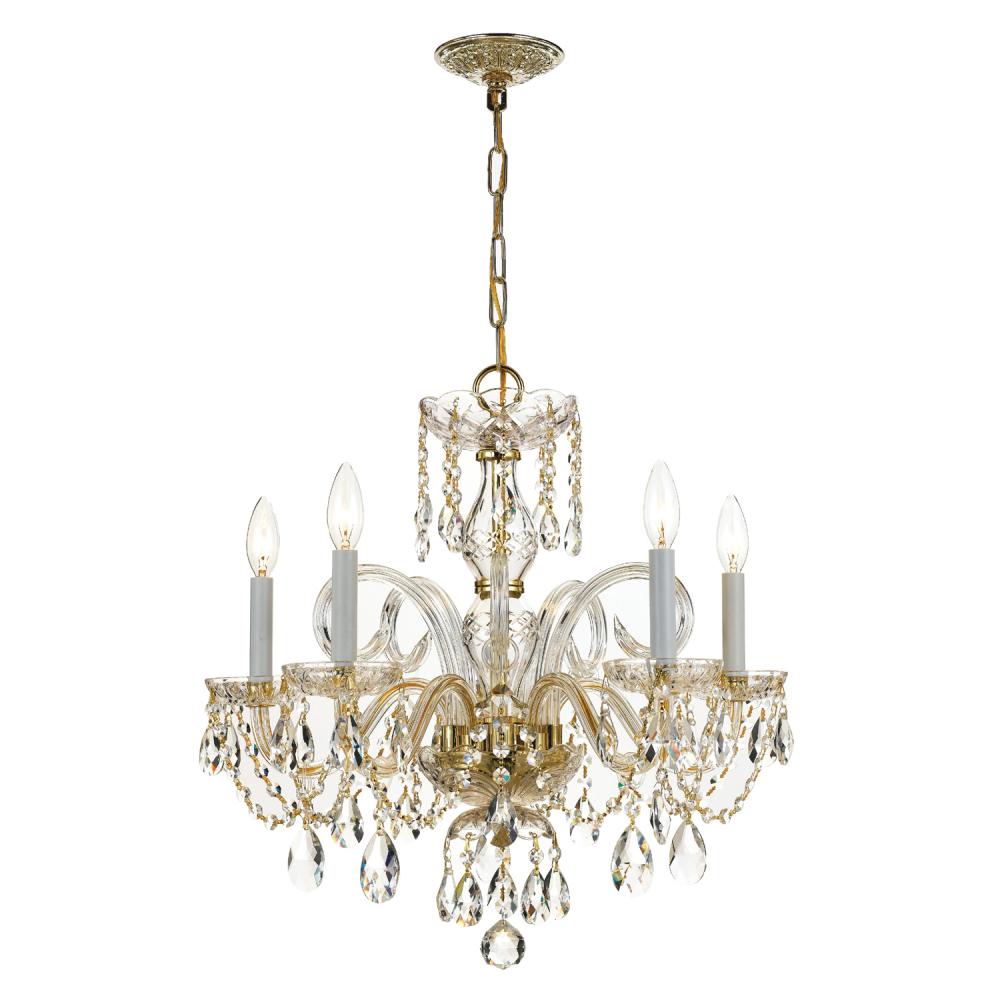Traditional Crystal 5 Light Hand Cut Crystal Polished Brass Chandelier