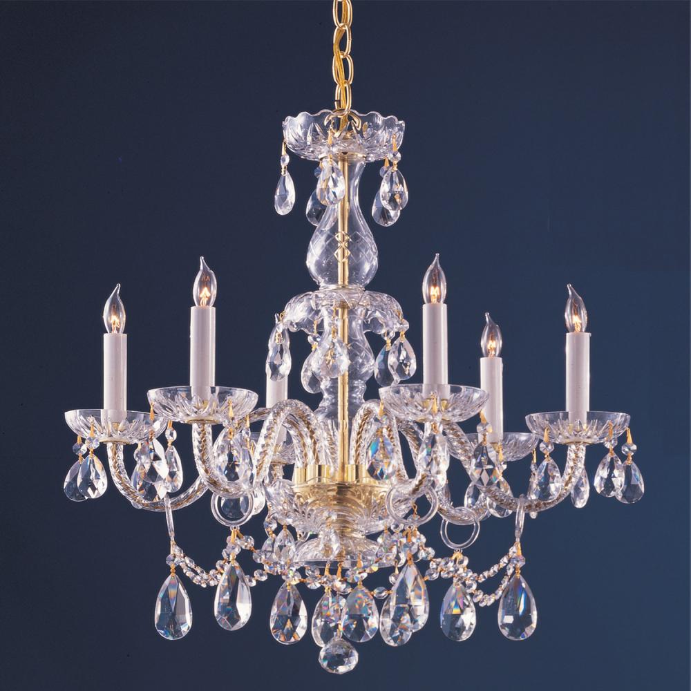 Traditional Crystal 6 Light Hand Cut Crystal Polished Brass Chandelier