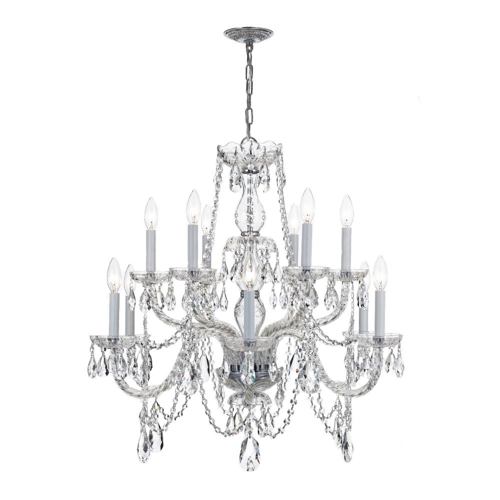 Traditional Crystal 12 Light Clear Italian Crystal Polished Chrome Chandelier