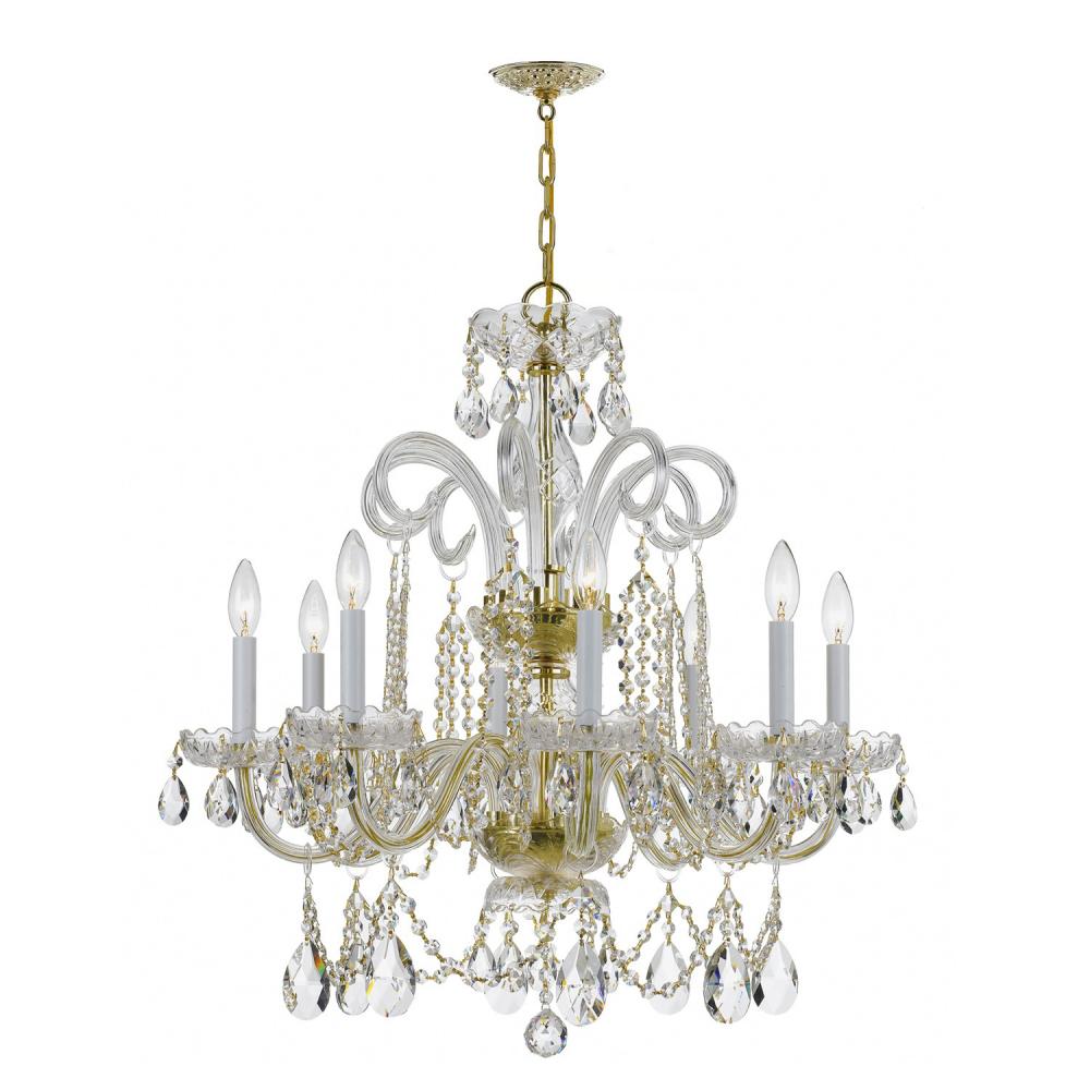 Traditional Crystal 8 Light Hand Cut Crystal Polished Brass Chandelier