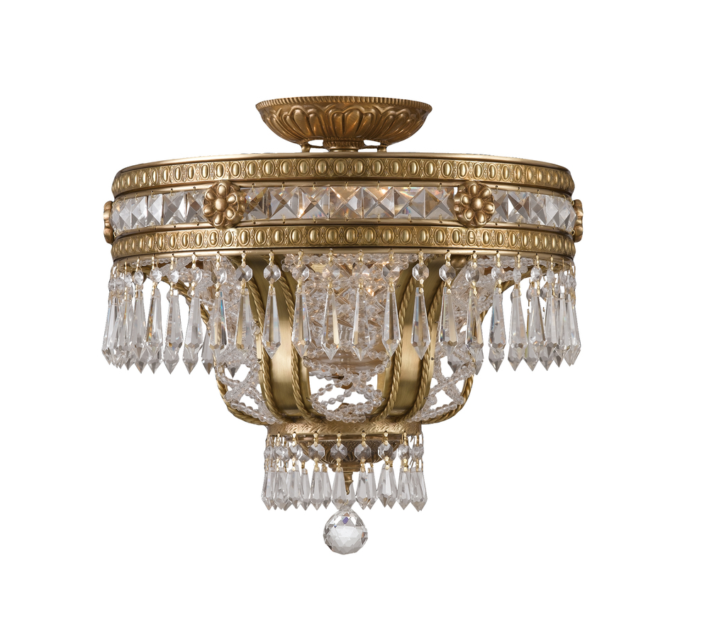 6 Light Aged Brass Traditional Ceiling Mount Draped In Clear Hand Cut Crystal