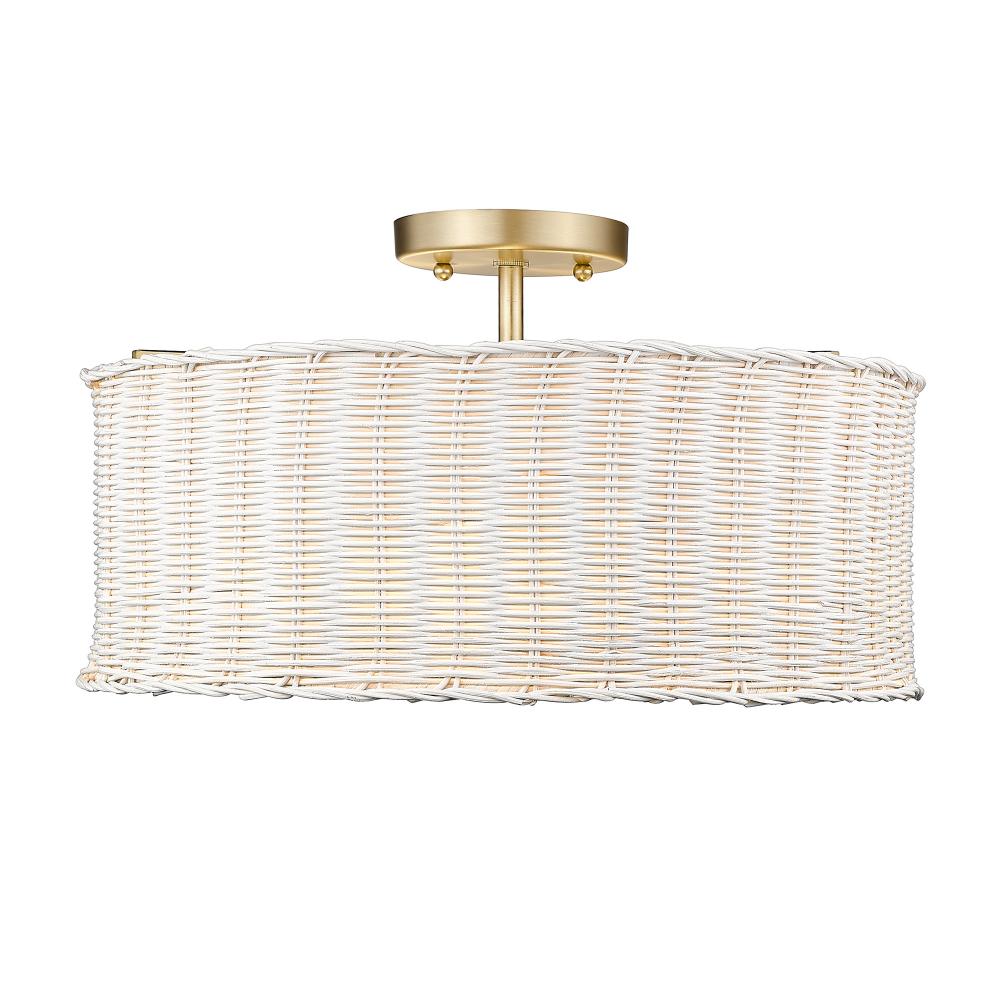 Erma BCB 3 Light Semi-Flush in Brushed Champagne Bronze with White Wicker Shade