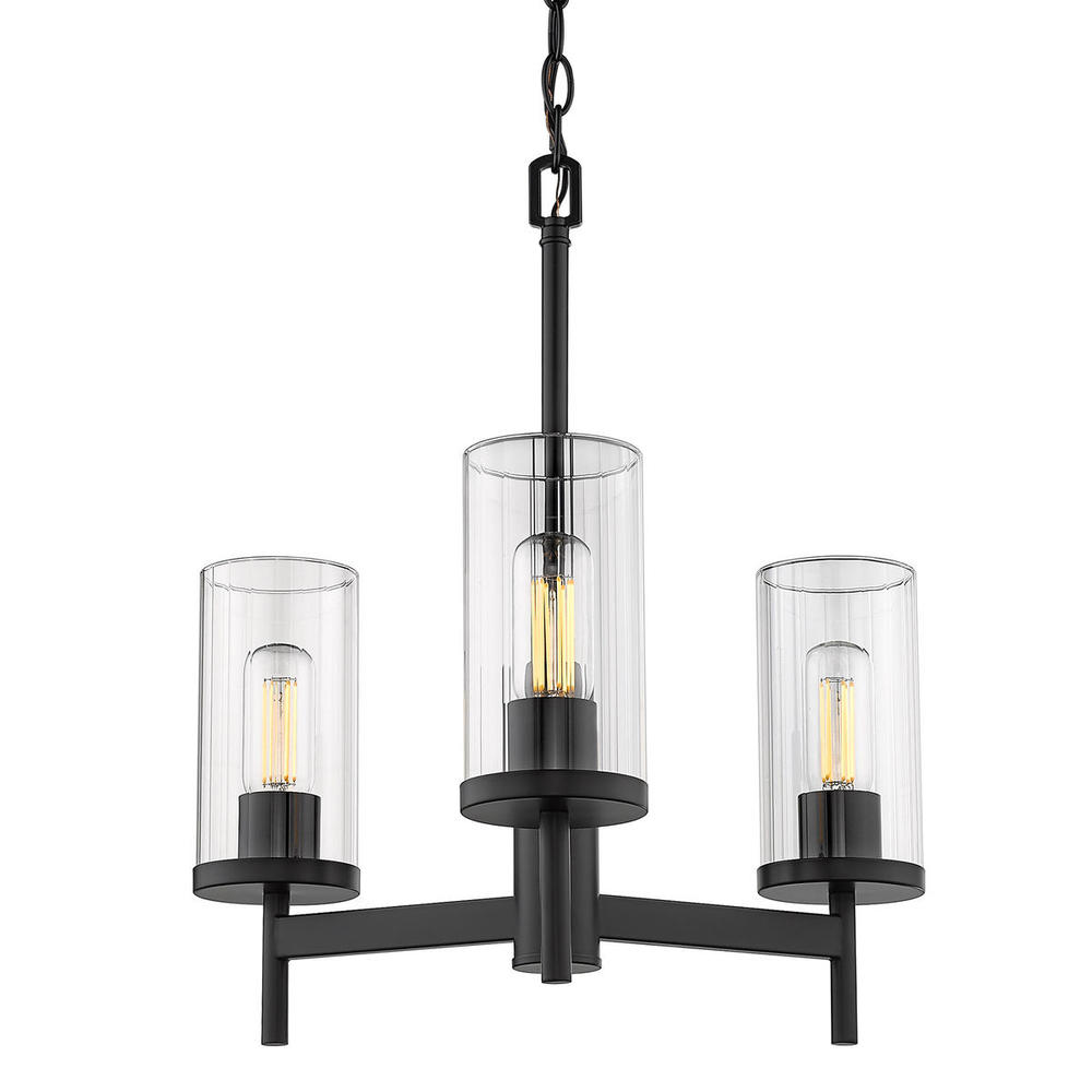 Winslett 3 Light Chandelier in Matte Black with Ribbed Clear Glass Shades