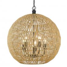 Golden 6933-5P BLK-NR - Florence 5 Light Pendant in Matte Black and Natural Raphia Rope Shade
