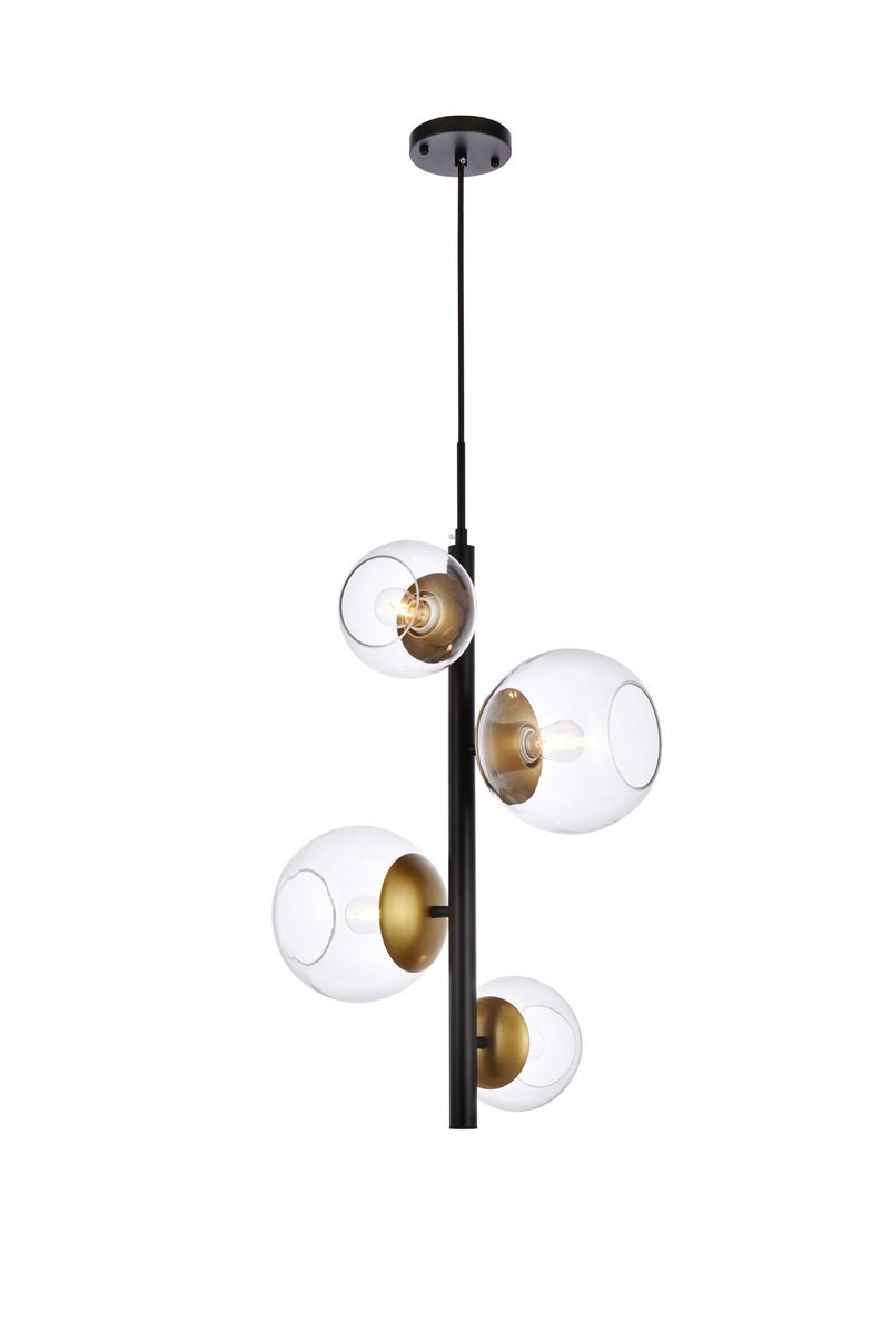 Wells 18 Inch Pendant in Black and Brass with Clear Shade