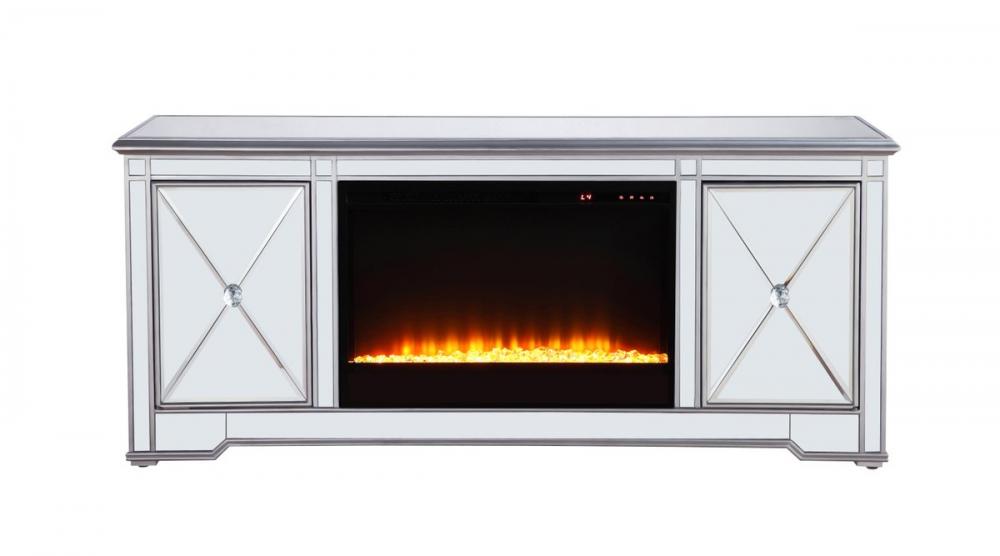 60 In. Mirrored Tv Stand with Crystal Fireplace Insert in Antique Silver