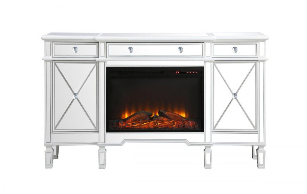 Contempo 60 In. Mirrored Credenza with Wood Fireplace in Antique White