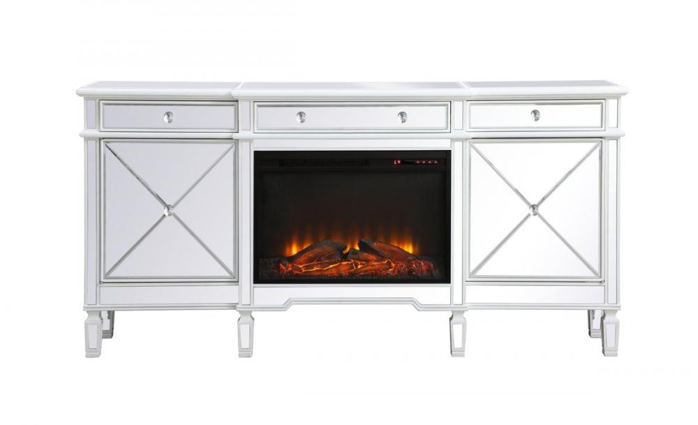 Contempo 72 In. Mirrored Credenza with Wood Fireplace in Antique White
