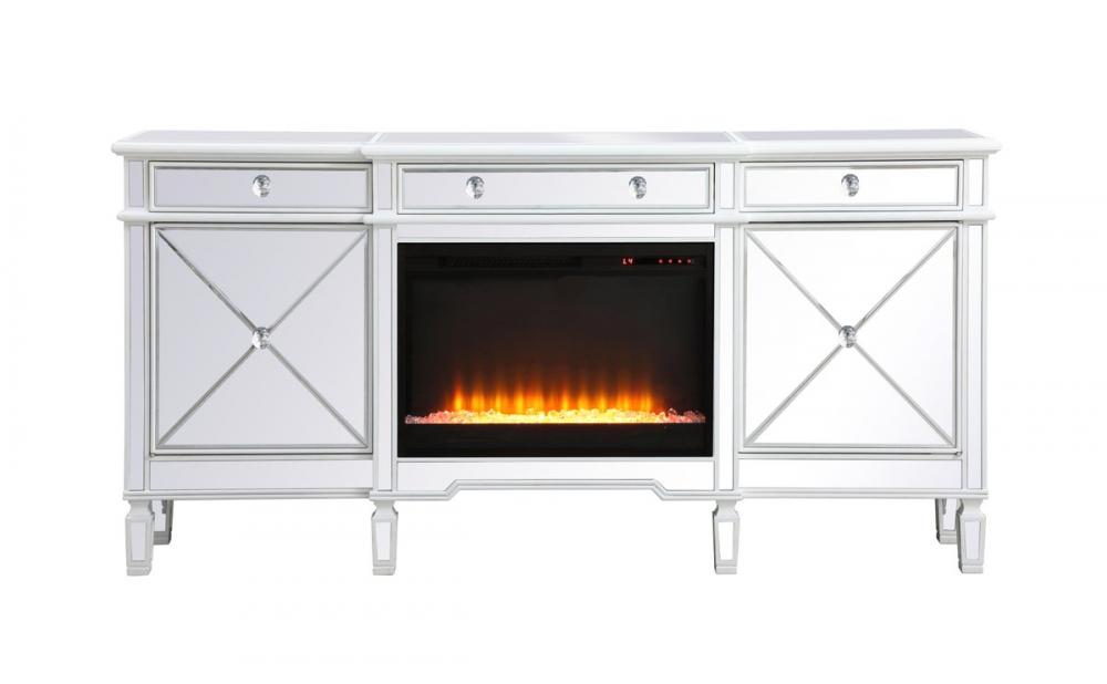 Contempo 72 In. Mirrored Credenza with Crystal Fireplace in Antique White