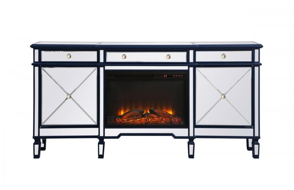 Contempo 72 In. Mirrored Credenza with Wood Fireplace in Blue