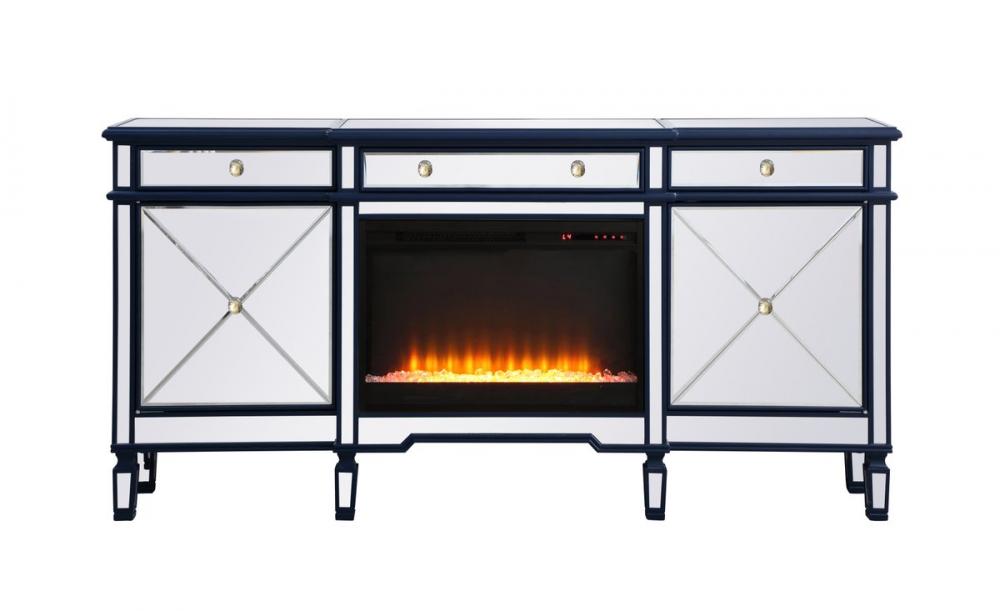 Contempo 72 In. Mirrored Credenza with Crystal Fireplace in Blue