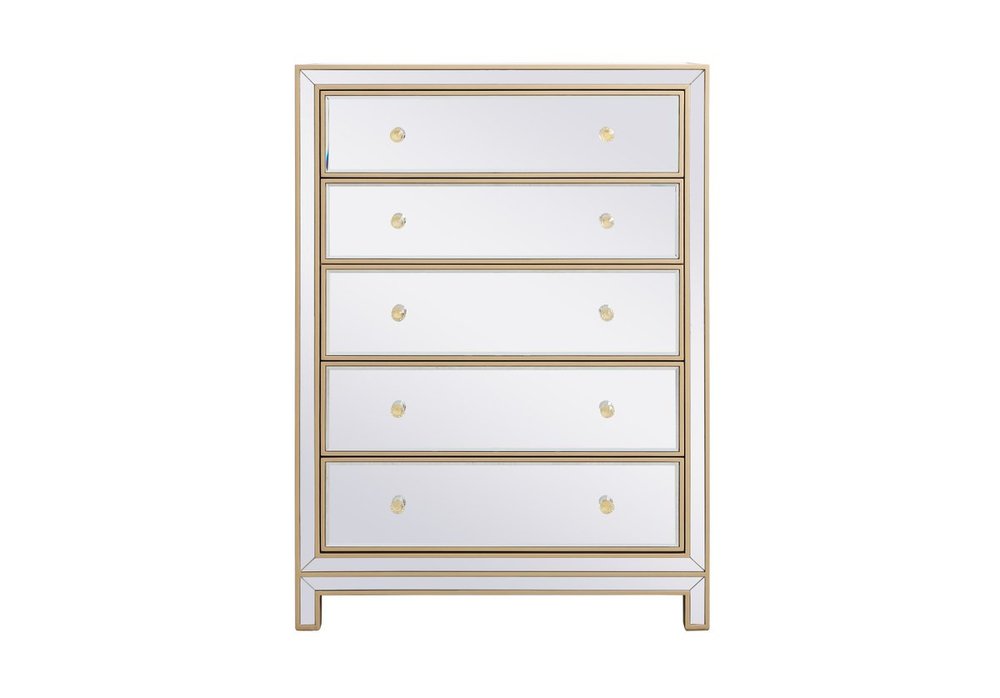 34 Inch Mirrored Five Drawer Cabinet in Gold