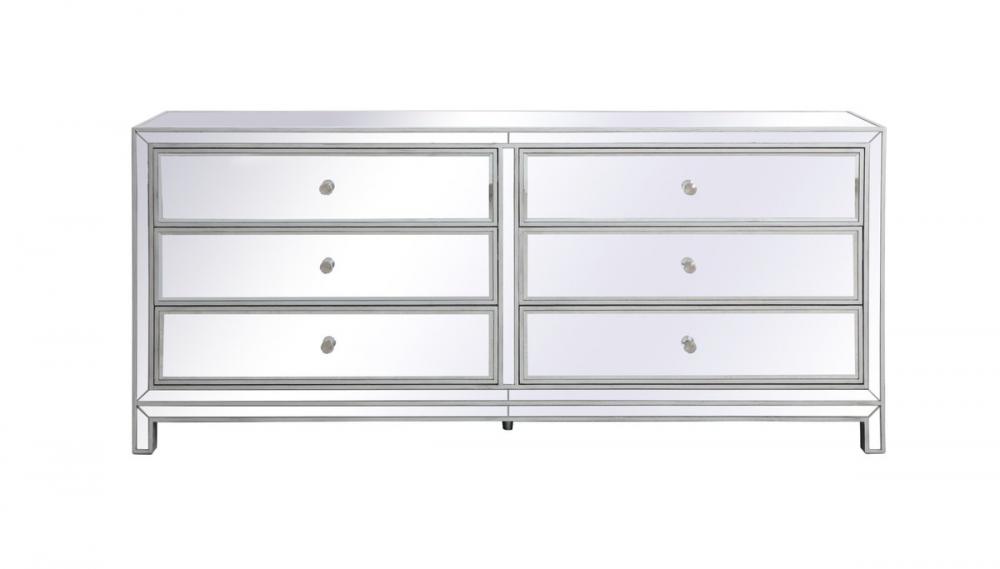 Reflexion 72 In. Mirrored Six Drawer Chest in Antique Silver