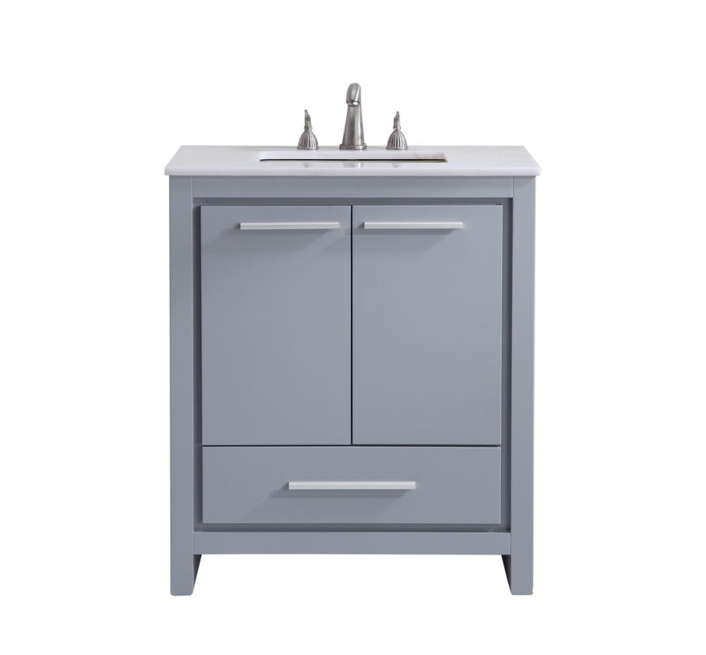 30 Inch Single Bathroom Vanity in Grey with Ivory White Engineered Marble