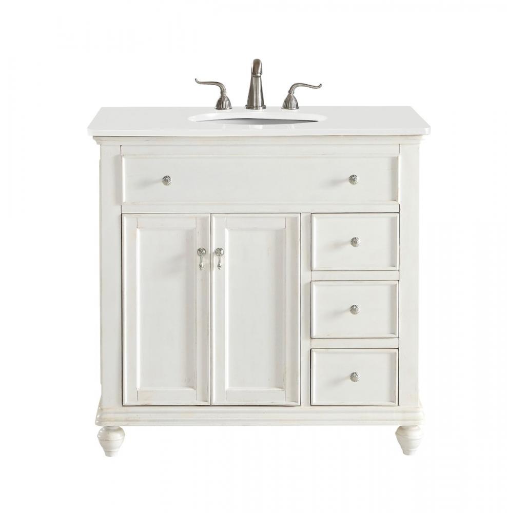 36 Inch Single Bathroom Vanity in Antique White with Ivory White Engineered Marble