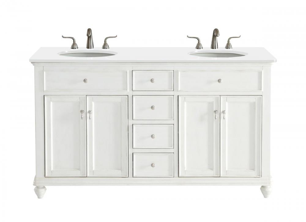 60 Inch Double Bathroom Vanity in Antique White with Ivory White Engineered Marble