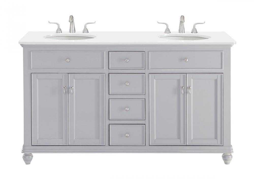 60 Inch Double Bathroom Vanity in Light Grey with Ivory White Engineered Marble