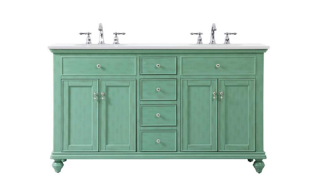 60 Inch Double Bathroom Vanity in Vintage Mint with Ivory White Engineered Marble