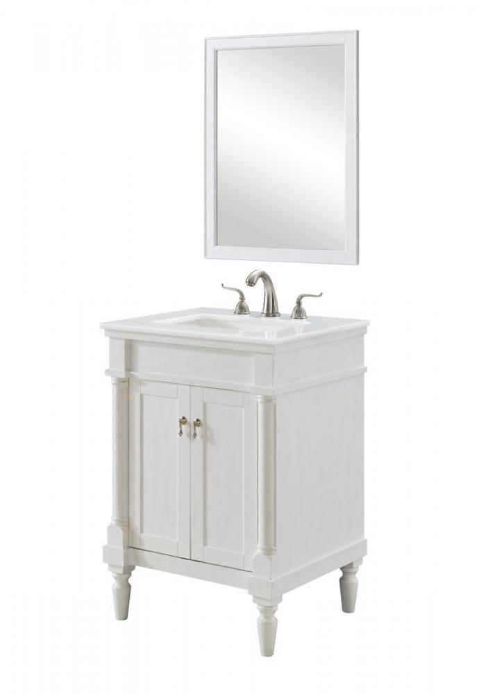 24 Inch Single Bathroom Vanity in Antique White with Ivory White Engineered Marble
